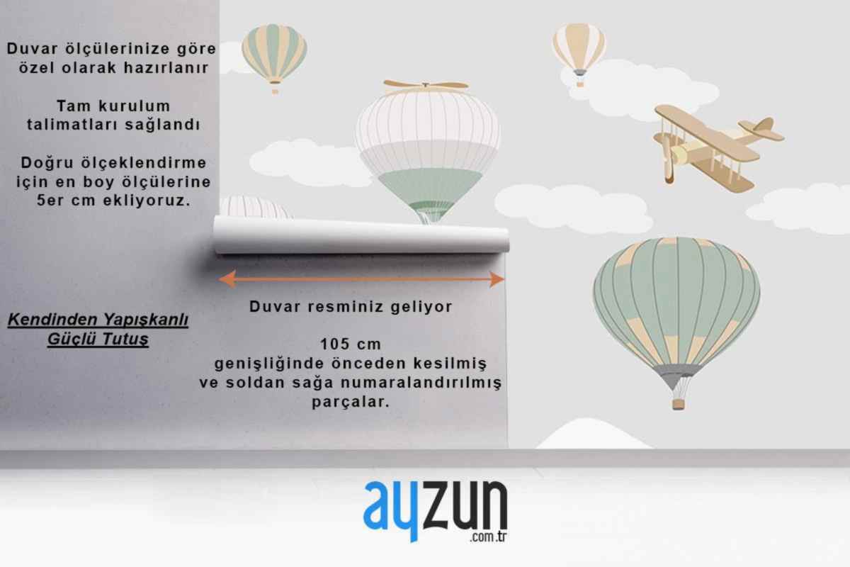 Çocuk Odası Duvar Kağıdı Bulutlar Üzerinde Uçaklar Ve Uçan Balonlar