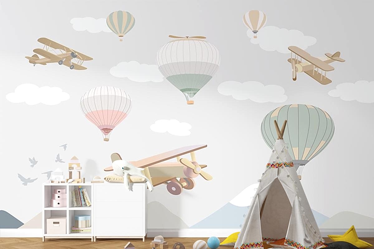 Çocuk Odası Duvar Kağıdı Bulutlar Üzerinde Uçaklar Ve Uçan Balonlar