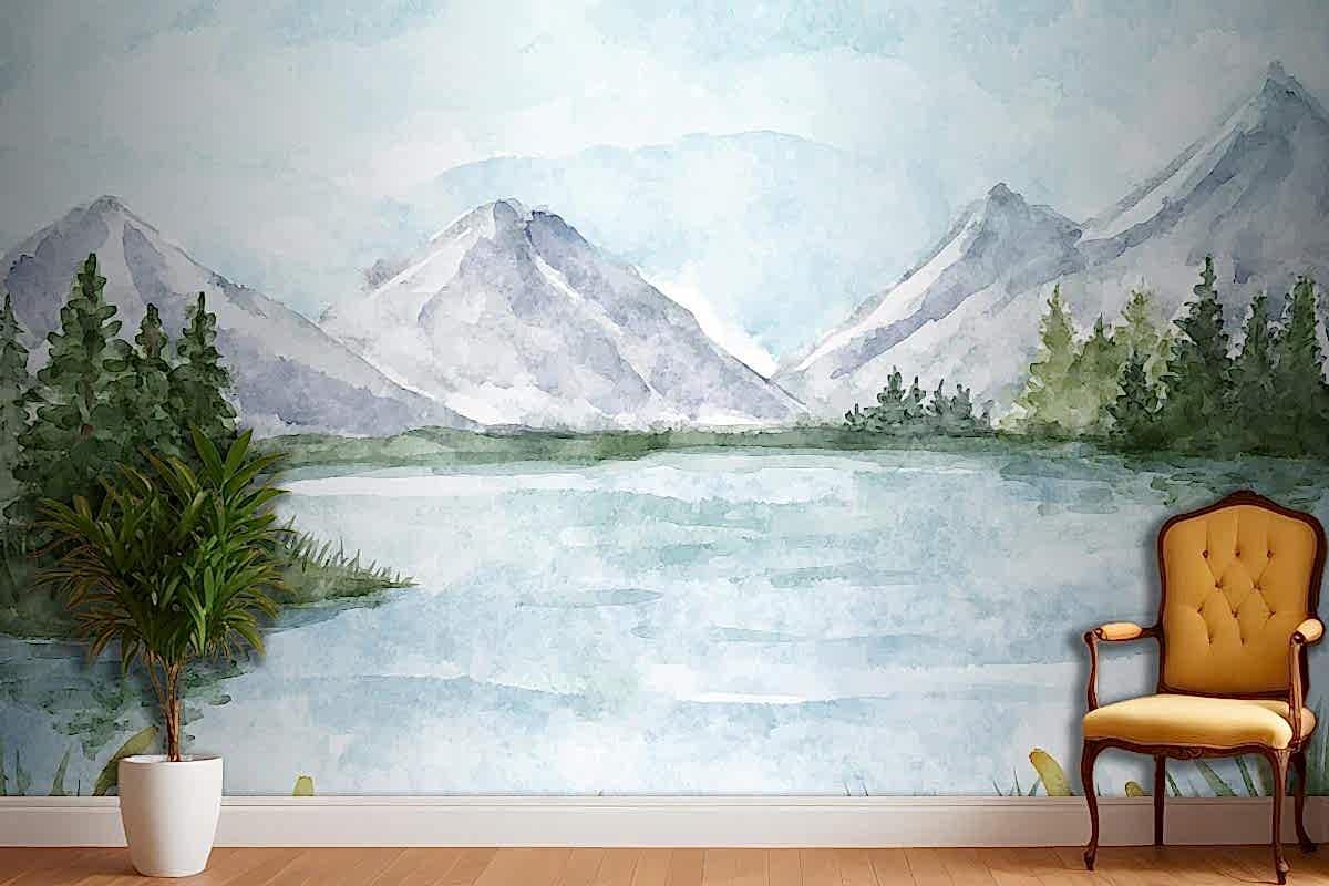 Suluboya Göl Manzarası Yatak Odası Duvar Kağıdı