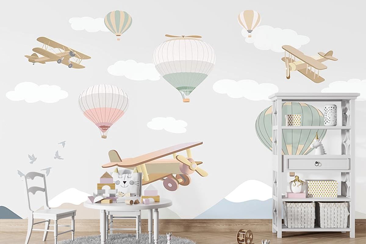 Çocuk Odası Duvar Kağıdı Bulutlar Üzerinde Uçaklar Ve Uçan Balonlar