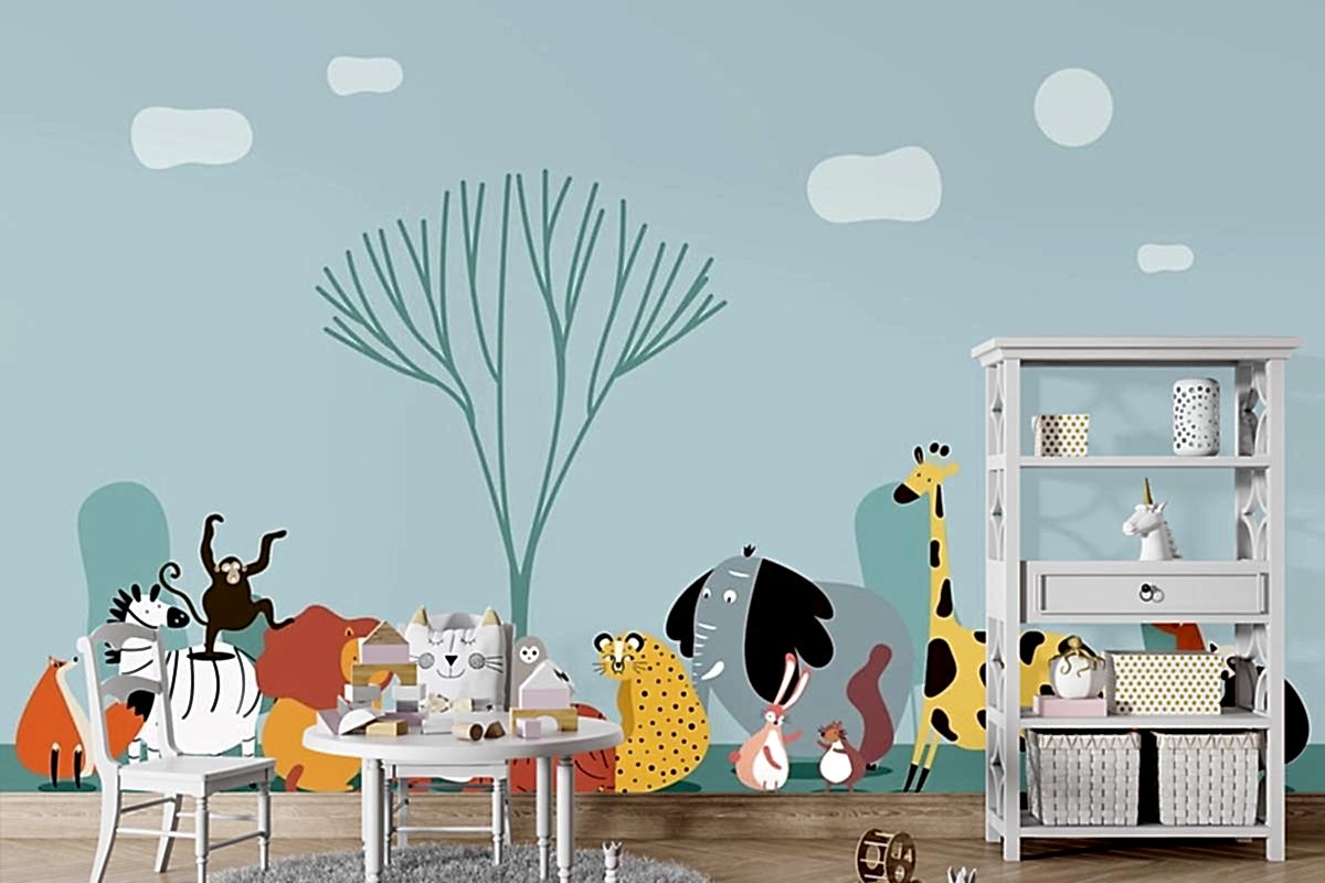 Vahşi Hayvanların Sevimli Grubu Çocuk Odası Duvar Kağıdı