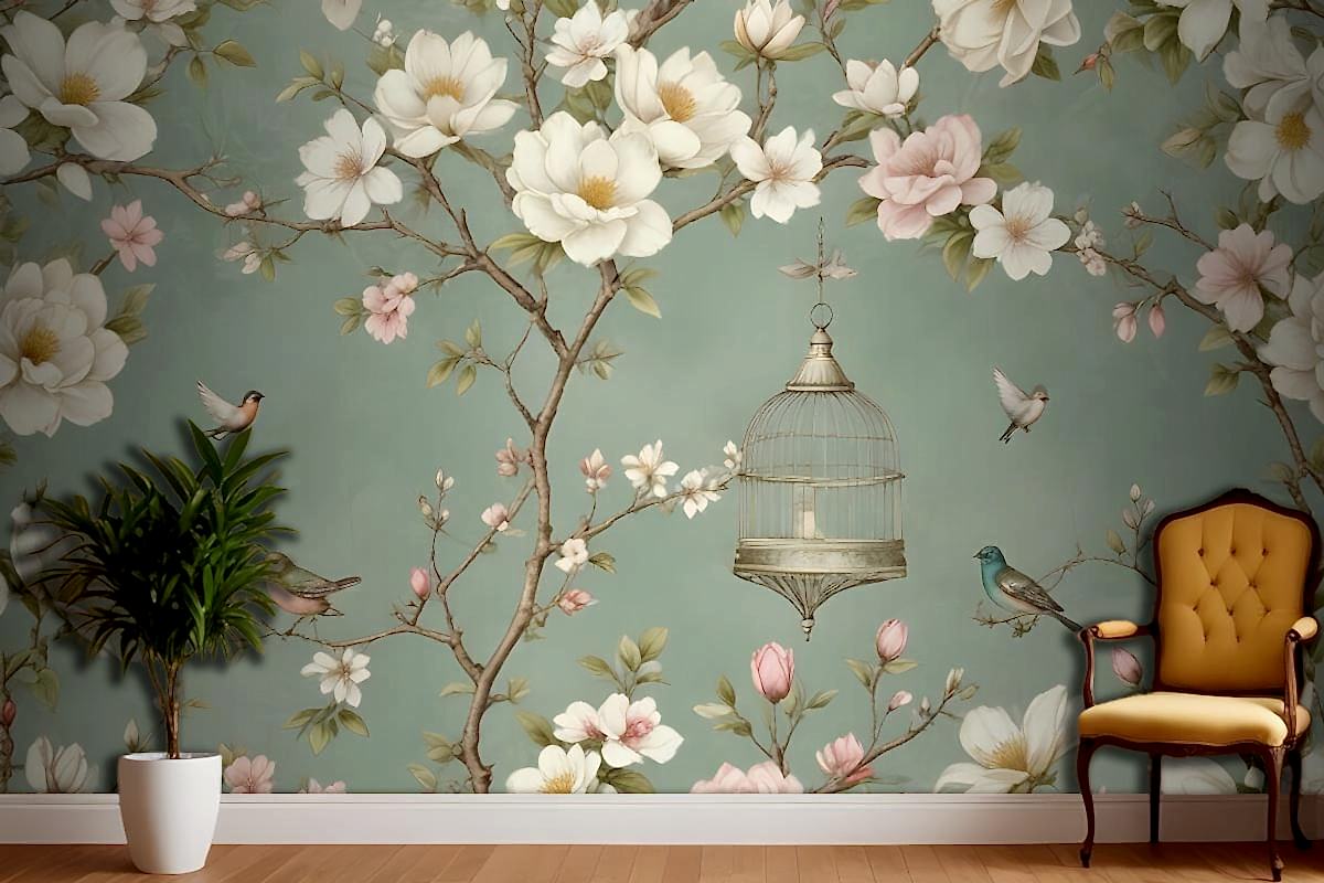 Dallar, Çiçekler Ve Kuşlar Ile İngiliz Country Tarzı Duvar Kağıdı