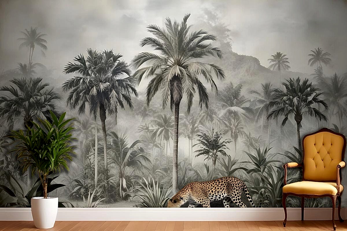 Vahşi Leopar Duvar Kağıdı  Ile Vintage Egzotik Manzara