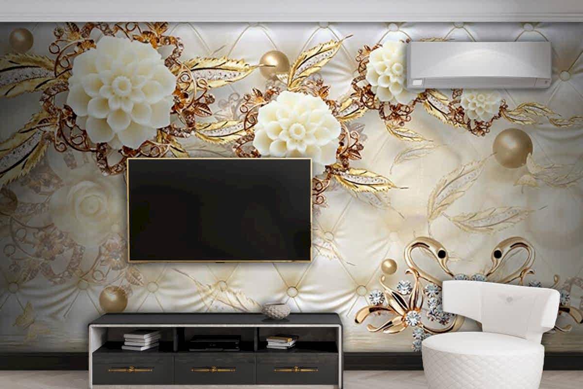  3 Boyutlu Tv Arkası Gold Çiçekler