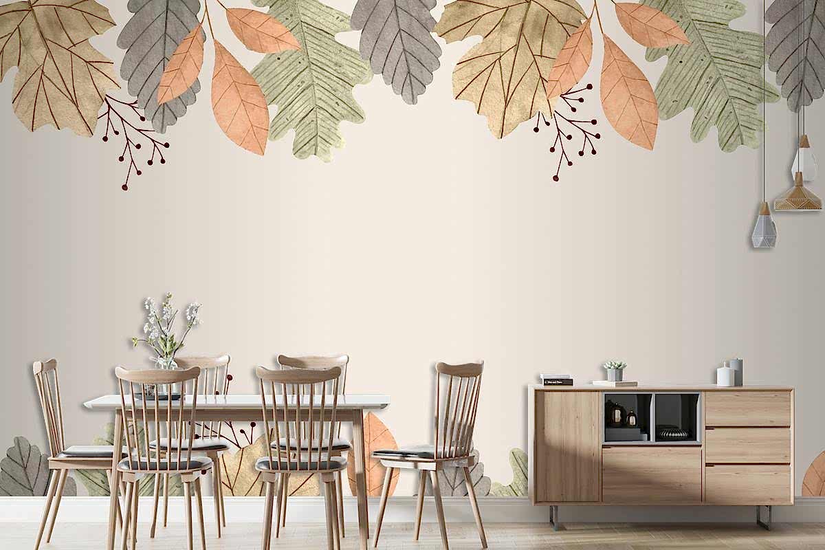 Suluboya Sonbahar Yaprakları Arka Plan Yemek Odası Duvar Kağıdı