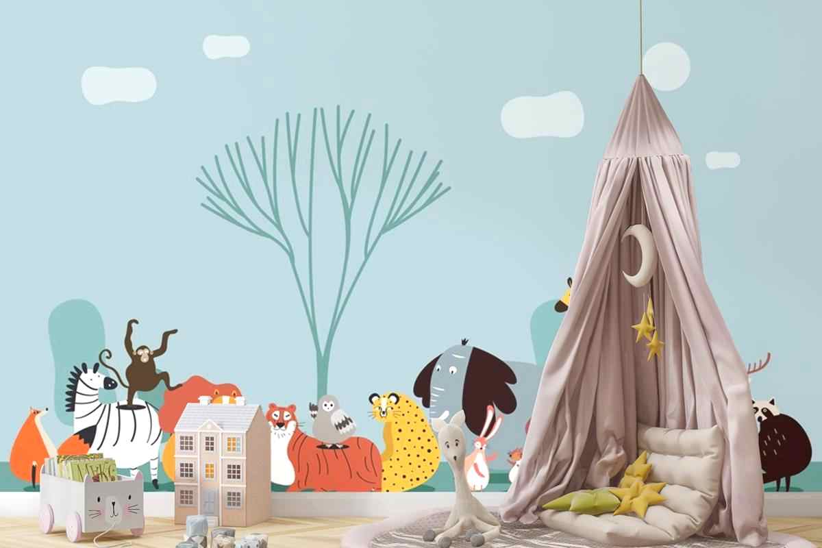 Vahşi Hayvanların Sevimli Grubu Çocuk Odası Duvar Kağıdı