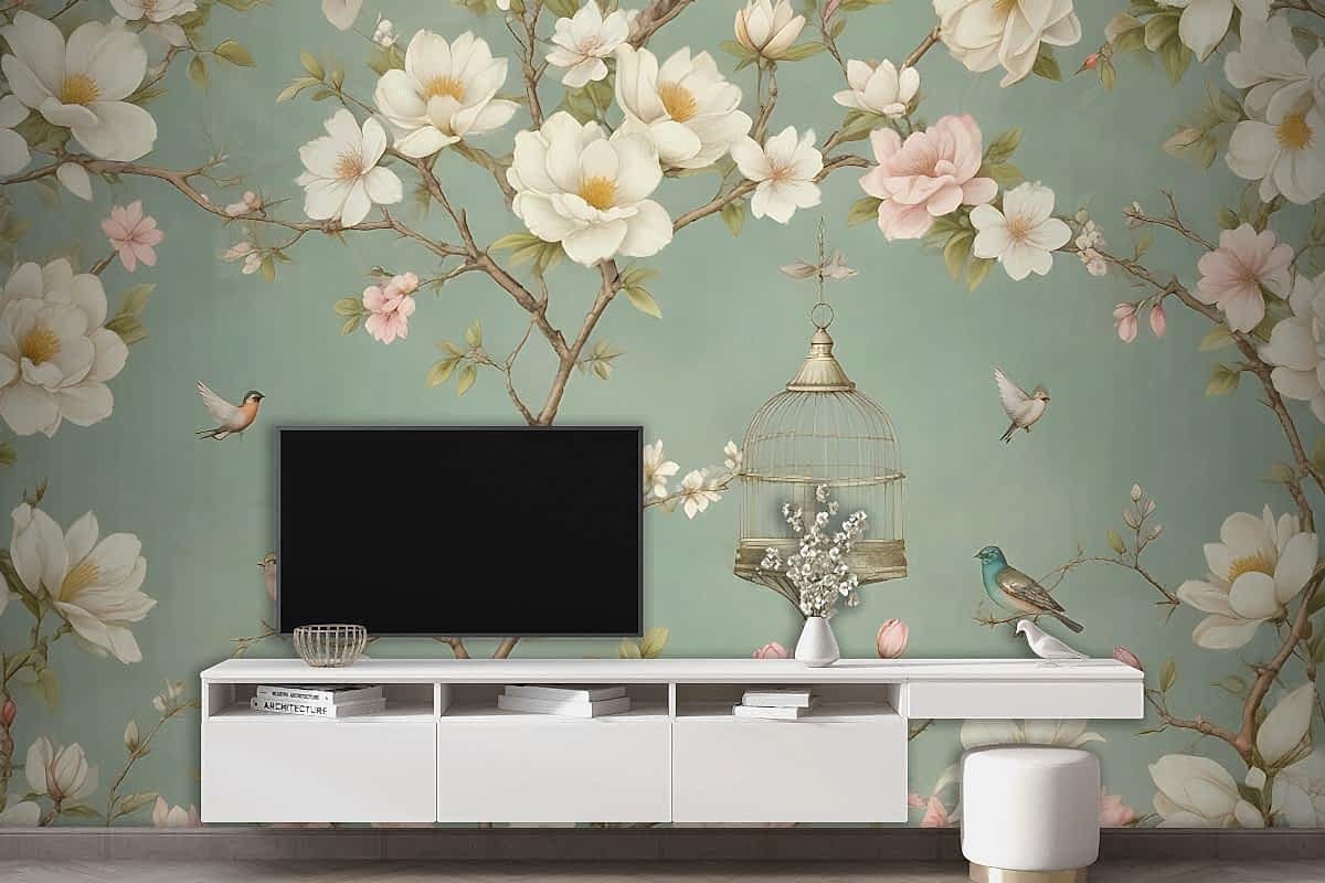 Dallar, Çiçekler Ve Kuşlar Ile İngiliz Country Tarzı Duvar Kağıdı