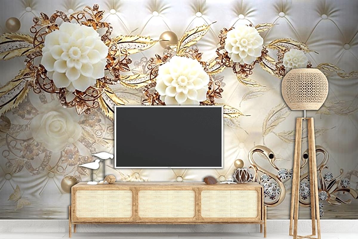  3 Boyutlu Tv Arkası Gold Çiçekler