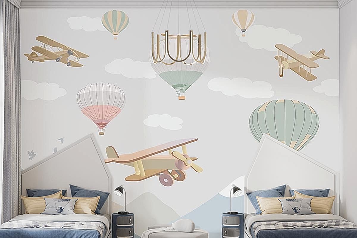 Çocuk Odası Duvar Kağıdı Bulutlar Üzerinde Uçaklar Ve Uçan Balonlar