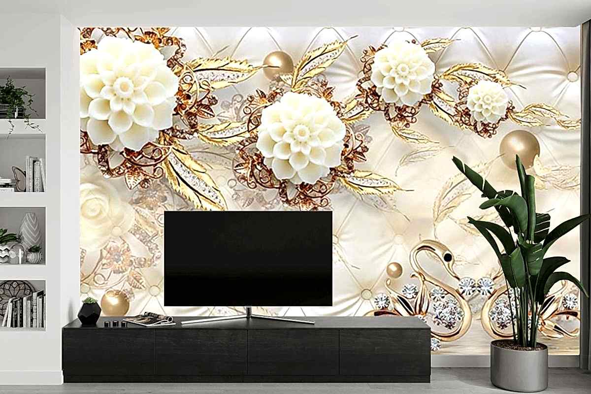  3 Boyutlu Tv Arkası Gold Çiçekler
