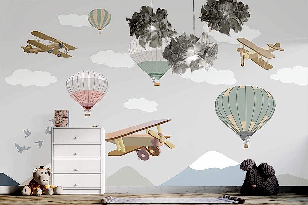 Çocuk Odası Duvar Kağıdı Bulutlar Üzerinde Uçaklar Ve Uçan Balonlar
