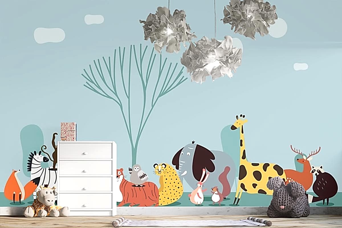 Vahşi Hayvanların Sevimli Grubu Çocuk Odası Duvar Kağıdı