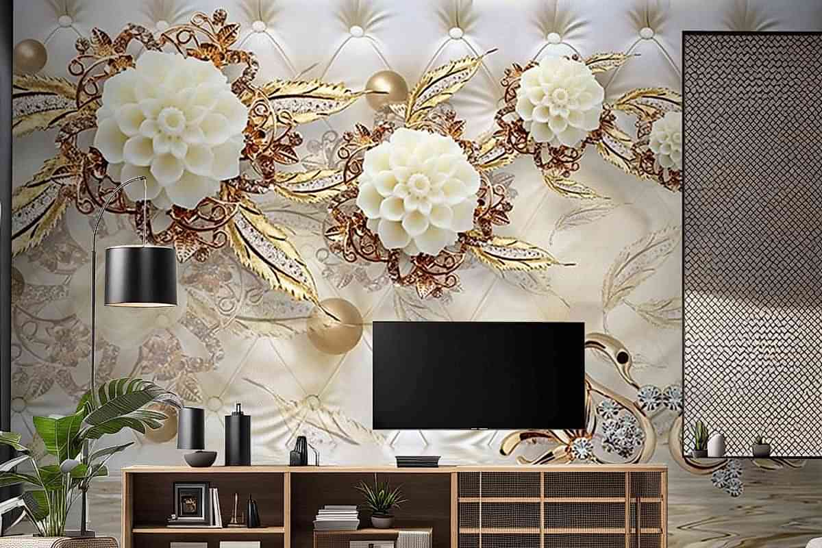  3 Boyutlu Tv Arkası Gold Çiçekler