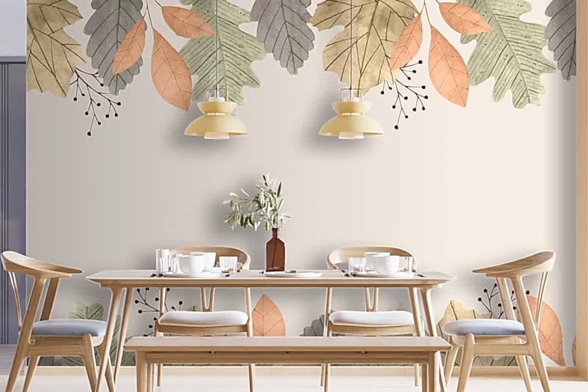 Suluboya Sonbahar Yaprakları Arka Plan Yemek Odası Duvar Kağıdı
