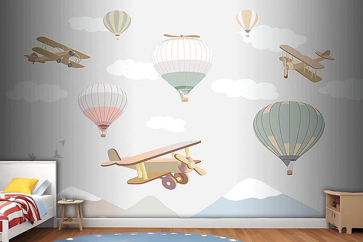 Çocuk Odası Duvar Kağıdı Bulutlar Üzerinde Uçaklar Ve Uçan Balonlar