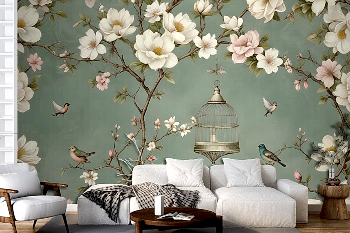 Dallar, Çiçekler Ve Kuşlar Ile İngiliz Country Tarzı Duvar Kağıdı
